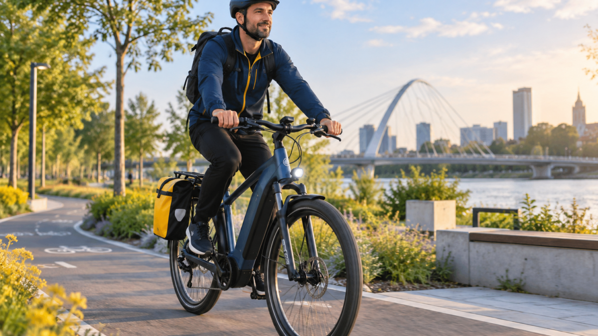 Rowerzysta w kasku jadący bezpiecznie na rowerze elektrycznym po miejskiej drodze rowerowej