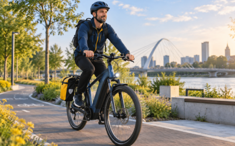 Rowerzysta w kasku jadący bezpiecznie na rowerze elektrycznym po miejskiej drodze rowerowej