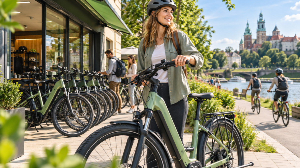 Wypożyczalnia rowerów elektrycznych nad rzeką – kobieta przy e-bike’u, rząd rowerów i miejski krajobraz w tle.