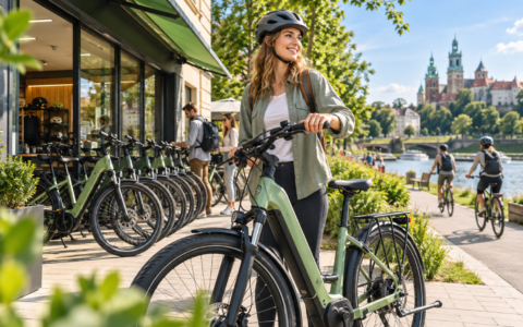 Wypożyczalnia rowerów elektrycznych nad rzeką – kobieta przy e-bike’u, rząd rowerów i miejski krajobraz w tle.