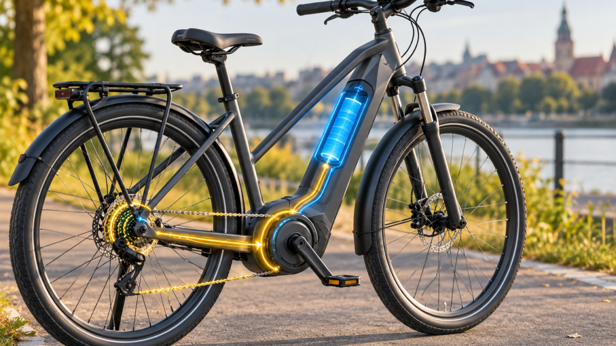 Rower elektryczny z widocznym silnikiem centralnym i baterią w ramie na ścieżce nad rzeką