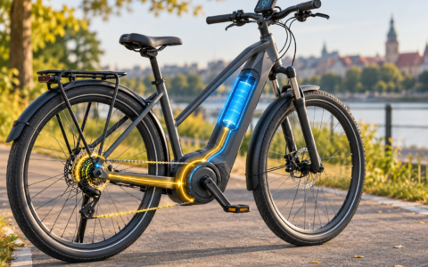 Rower elektryczny z widocznym silnikiem centralnym i baterią w ramie na ścieżce nad rzeką