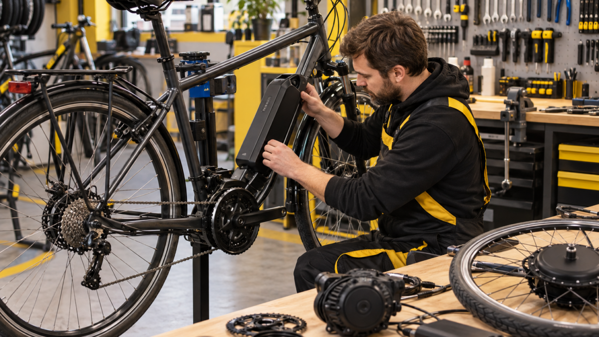Mechanik montujący napęd elektryczny podczas przeróbki roweru na elektryczny w warsztacie