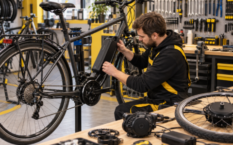 Mechanik montujący napęd elektryczny podczas przeróbki roweru na elektryczny w warsztacie