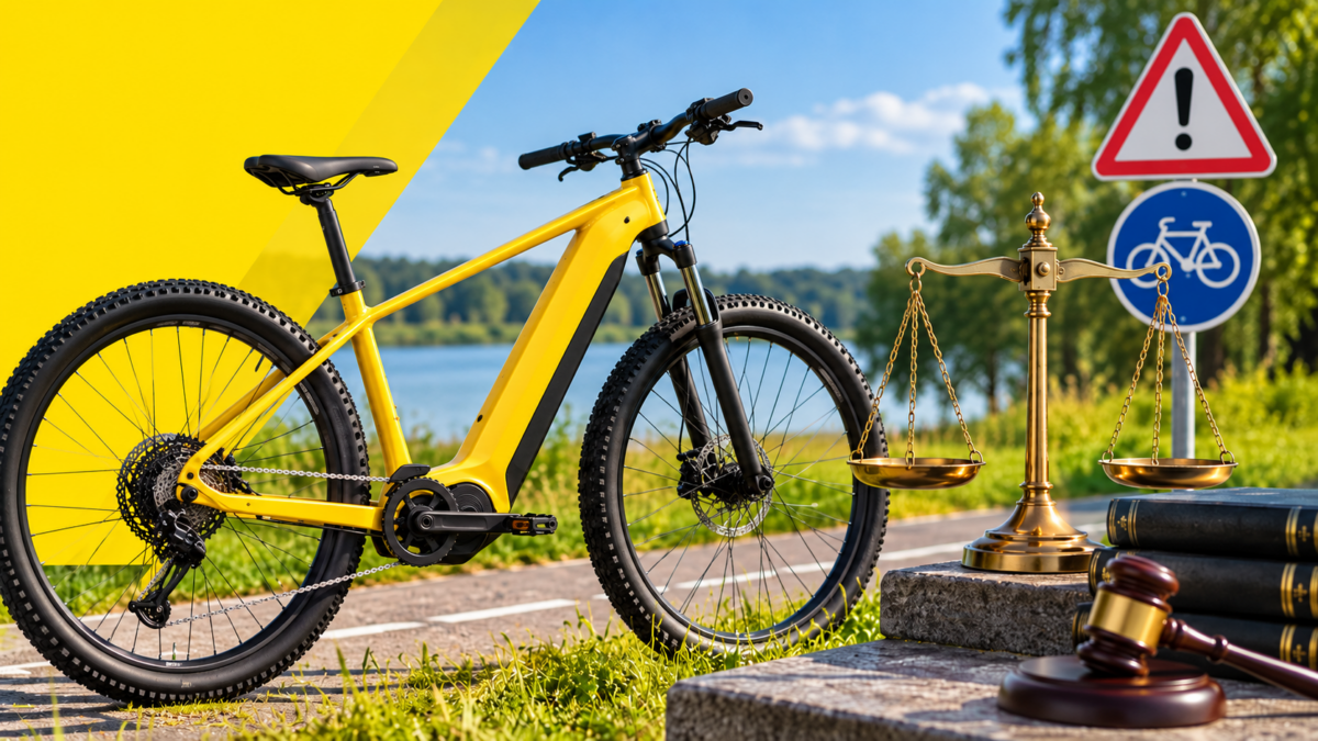 Propozycja ALT SEO: Rower elektryczny a przepisy prawne – żółty e-bike, waga sprawiedliwości i znaki drogowe