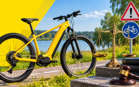 Propozycja ALT SEO: Rower elektryczny a przepisy prawne – żółty e-bike, waga sprawiedliwości i znaki drogowe