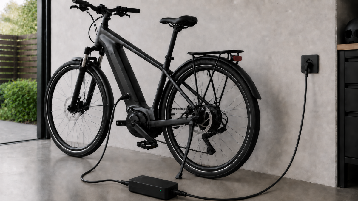 Rower elektryczny podłączony do ładowarki