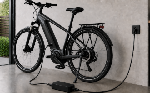 Rower elektryczny podłączony do ładowarki