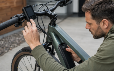 Rower elektryczny nie chce się włączyć – mężczyzna sprawdza wyświetlacz, przycisk zasilania i baterię e-bike’a