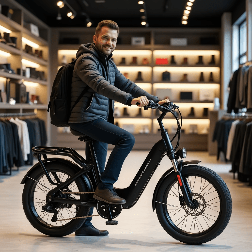 Uśmiechnięty mężczyzna na nowoczesnym i bezpiecznym rowerze elektrycznym w eleganckim wnętrzu sklepu, prezentujący stylowy i wygodny środek transportu.