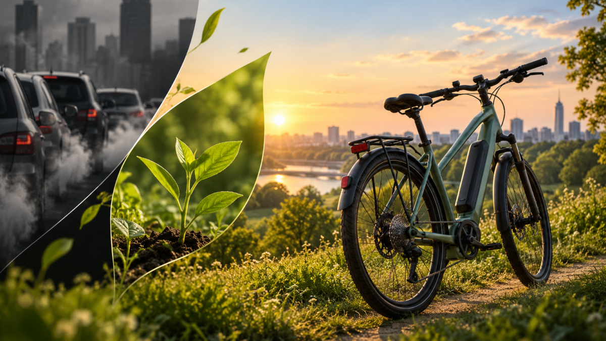 Rower elektryczny na tle zielonego krajobrazu i miasta – ekologiczność, emisja CO₂ i wpływ e-bike’a na środowisko.