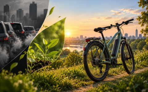 Rower elektryczny na tle zielonego krajobrazu i miasta – ekologiczność, emisja CO₂ i wpływ e-bike’a na środowisko.
