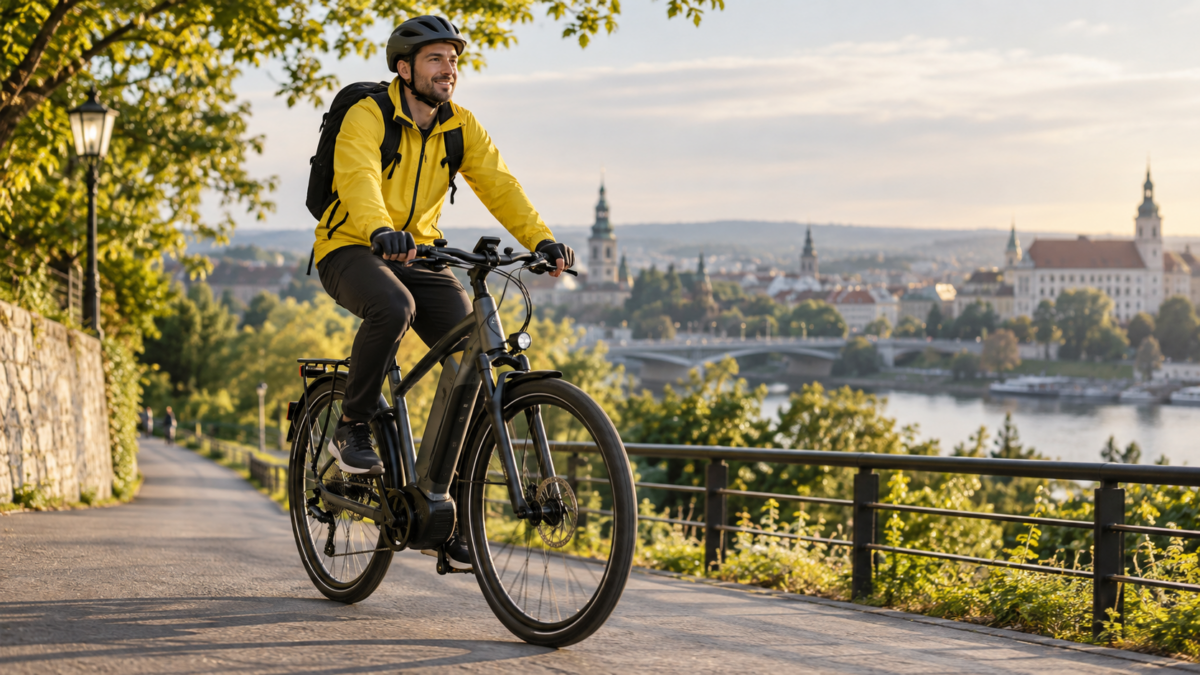 Rowerzysta na rowerze elektrycznym podczas miejskiej jazdy – czy warto kupić rower elektryczny?