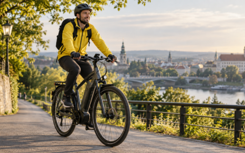 Rowerzysta na rowerze elektrycznym podczas miejskiej jazdy – czy warto kupić rower elektryczny?