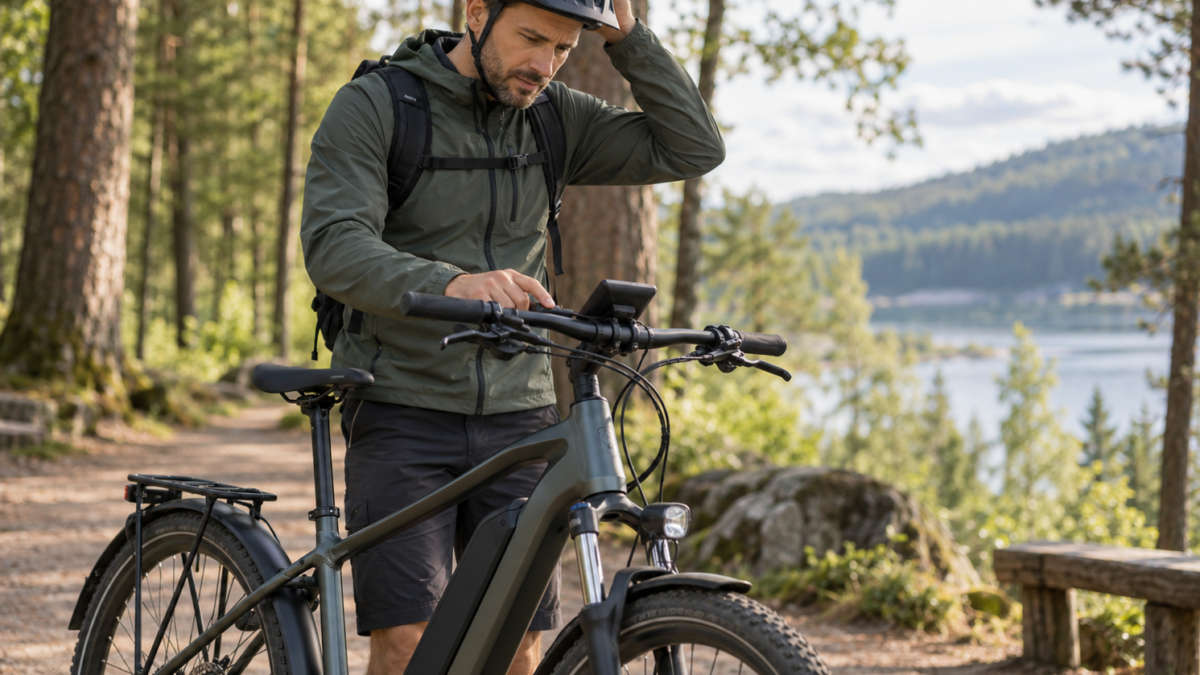 Rower elektryczny przerywa wspomaganie – rowerzysta sprawdza wyświetlacz e-bike’a na leśnej ścieżce