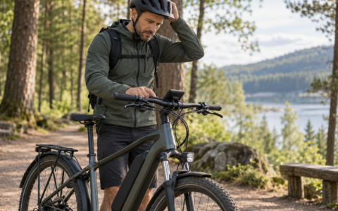 Rower elektryczny przerywa wspomaganie – rowerzysta sprawdza wyświetlacz e-bike’a na leśnej ścieżce