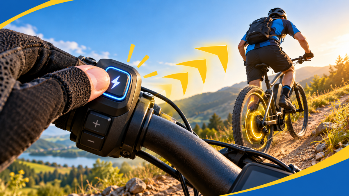 Rowerzysta na rowerze elektrycznym podczas podjazdu i przycisk Boost na kierownicy e-bike’a.