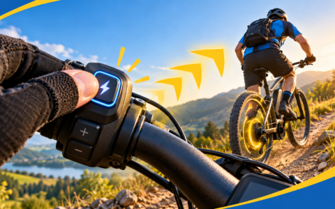 Rowerzysta na rowerze elektrycznym podczas podjazdu i przycisk Boost na kierownicy e-bike’a.