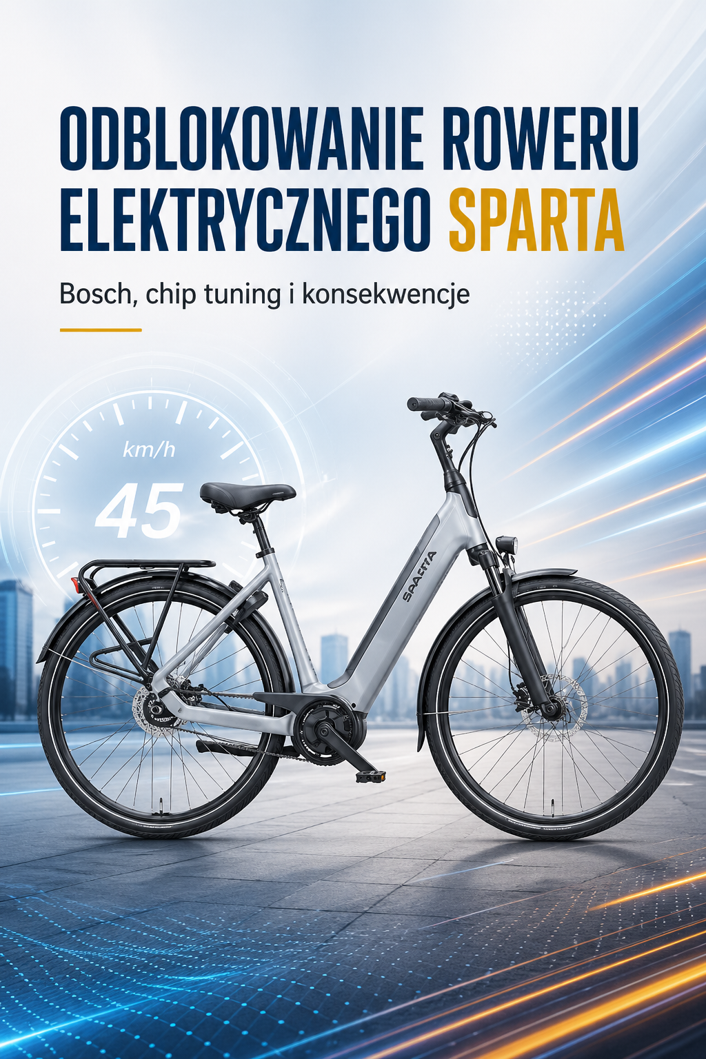 Odblokowanie roweru elektrycznego Sparta – pionowa okładka artykułu z miejskim rowerem elektrycznym Sparta, napisem o chip tuningu Bosch i konsekwencjach odblokowania