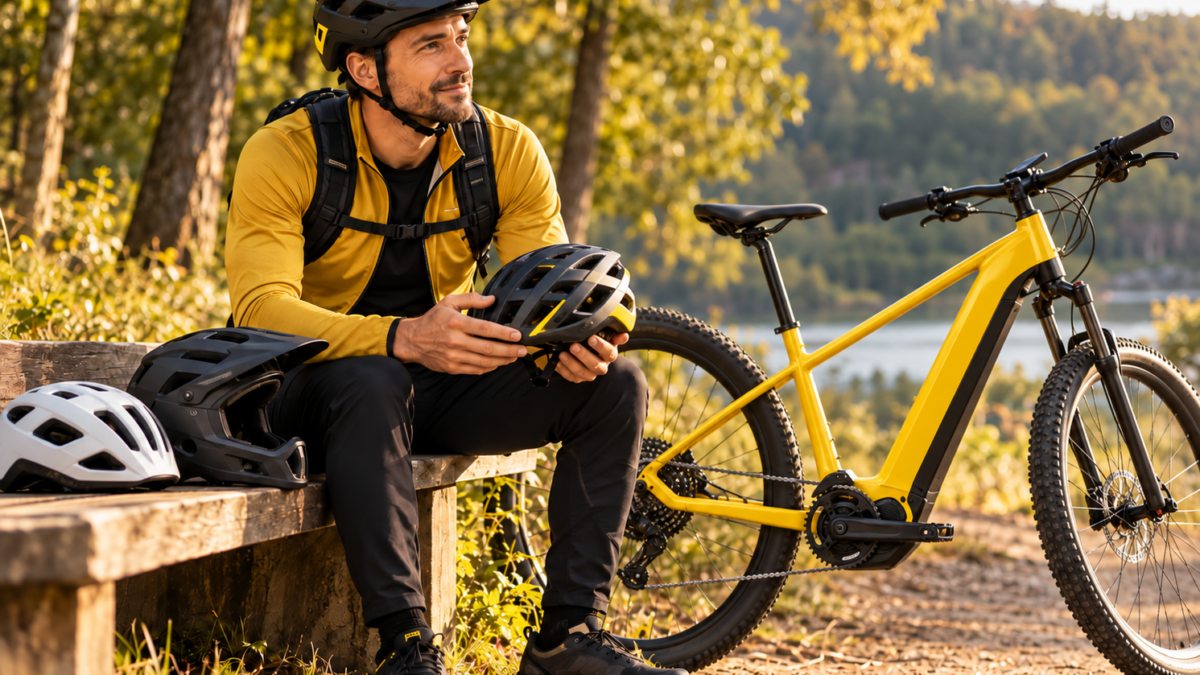 Rowerzysta w czarnym kasku wybiera kask rowerowy, siedząc obok żółtego roweru elektrycznego MTB na leśnym szlaku.