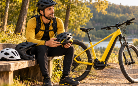 Rowerzysta w czarnym kasku wybiera kask rowerowy, siedząc obok żółtego roweru elektrycznego MTB na leśnym szlaku.