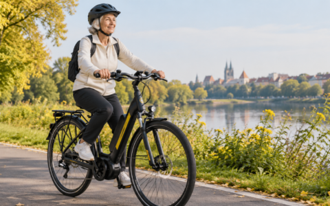 Senior na rowerze elektrycznym z niską ramą podczas spokojnej jazdy po ścieżce rowerowej.