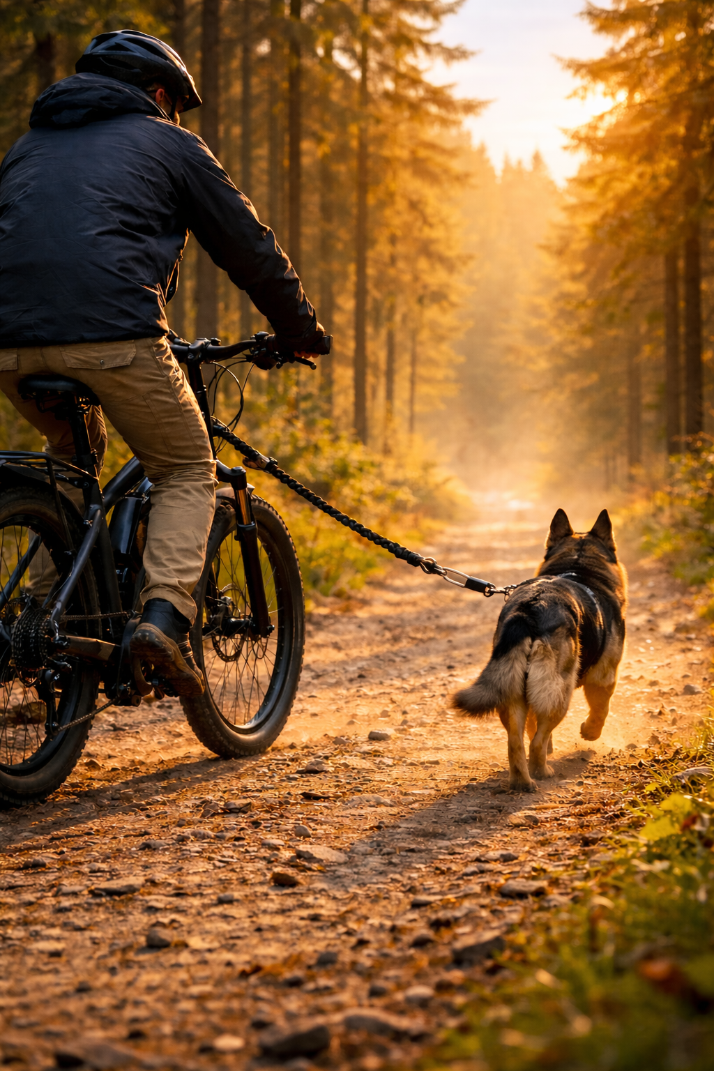 Jazda rowerem elektrycznym z psem na leśnej drodze – rowerzysta na e-bike’u jedzie ścieżką, a pies biegnie obok w tym samym kierunku na specjalnej smyczy rowerowej