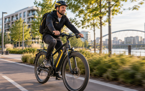 Mężczyzna w kasku jedzie na rowerze elektrycznym po miejskiej ścieżce rowerowej – bezpieczeństwo jazdy na e-bike’u