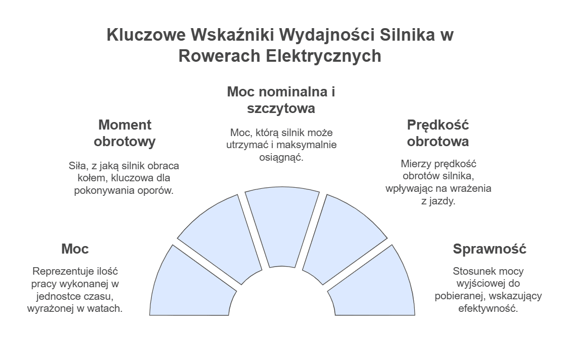 Infografika przedstawiająca kluczowe wskaźniki wydajności silnika w rowerach elektrycznych, takie jak moment obrotowy, moc nominalna i szczytowa, prędkość obrotowa, moc oraz sprawność