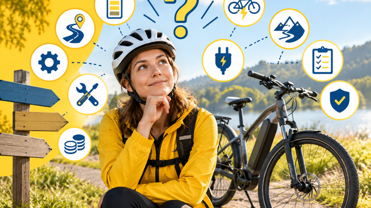 Kobieta przy rowerze elektrycznym i symbole najczęstszych pytań o e-bike – bateria, zasięg, ładowanie, serwis i bezpieczeństwo.