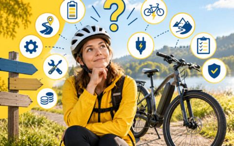 Kobieta przy rowerze elektrycznym i symbole najczęstszych pytań o e-bike – bateria, zasięg, ładowanie, serwis i bezpieczeństwo.