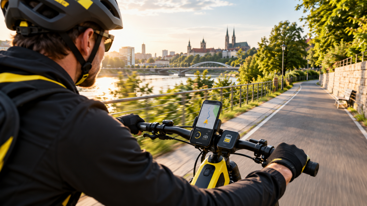 Rowerzysta na rowerze elektrycznym korzystający z aplikacji nawigacyjnej na smartfonie podczas jazdy