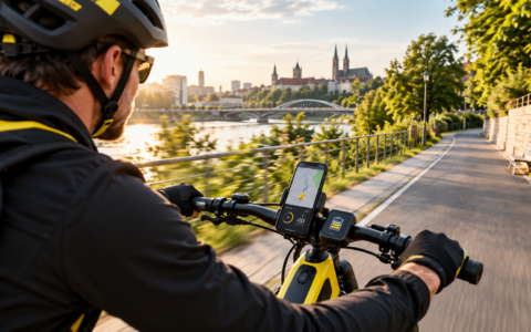 Rowerzysta na rowerze elektrycznym korzystający z aplikacji nawigacyjnej na smartfonie podczas jazdy