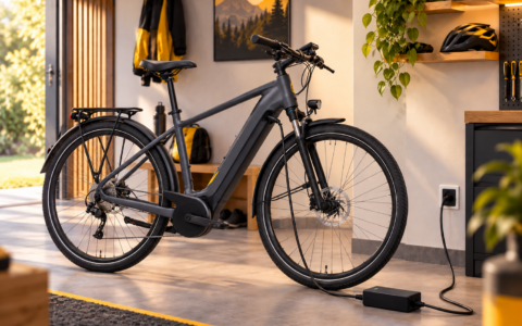 Pierwsze ładowanie baterii w rowerze elektrycznym – rower podłączony do ładowarki w domu