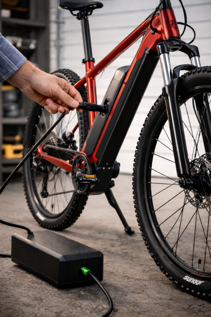 Pierwsze ładowanie baterii w rowerze elektrycznym – czerwony e-bike podłączony do ładowarki w garażu podczas pierwszego ładowania akumulatora.