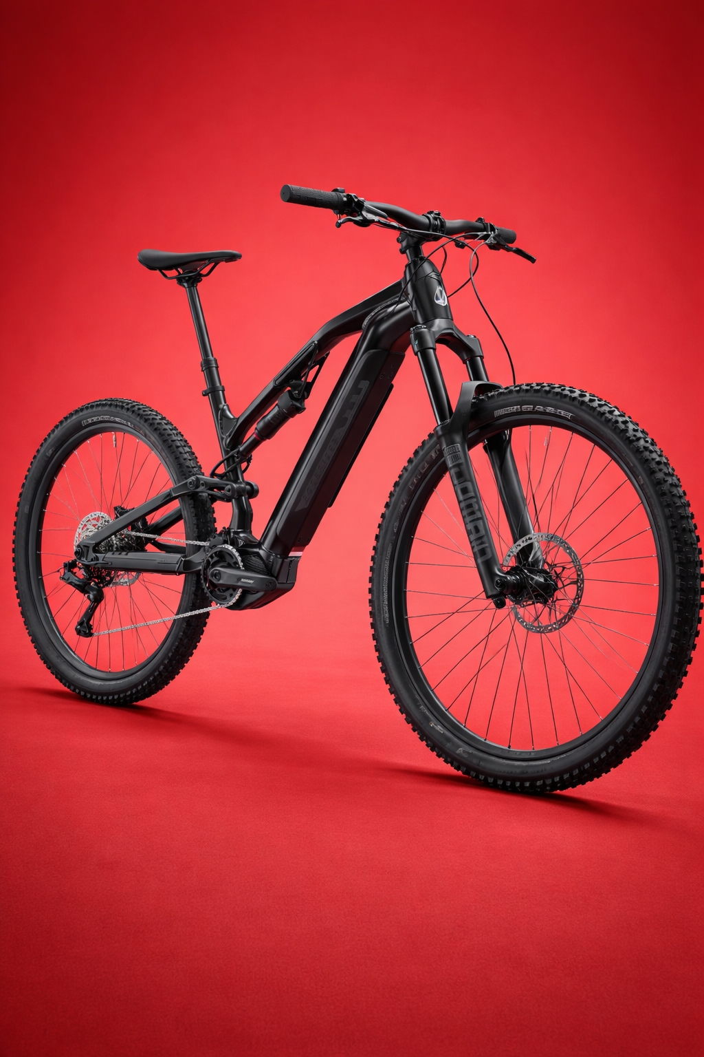 Rockrider E-FEEL 900S 29 na czerwonym tle – elektryczny rower górski e-MTB z pełnym zawieszeniem, silnikiem Shimano i kołami 29 cali.