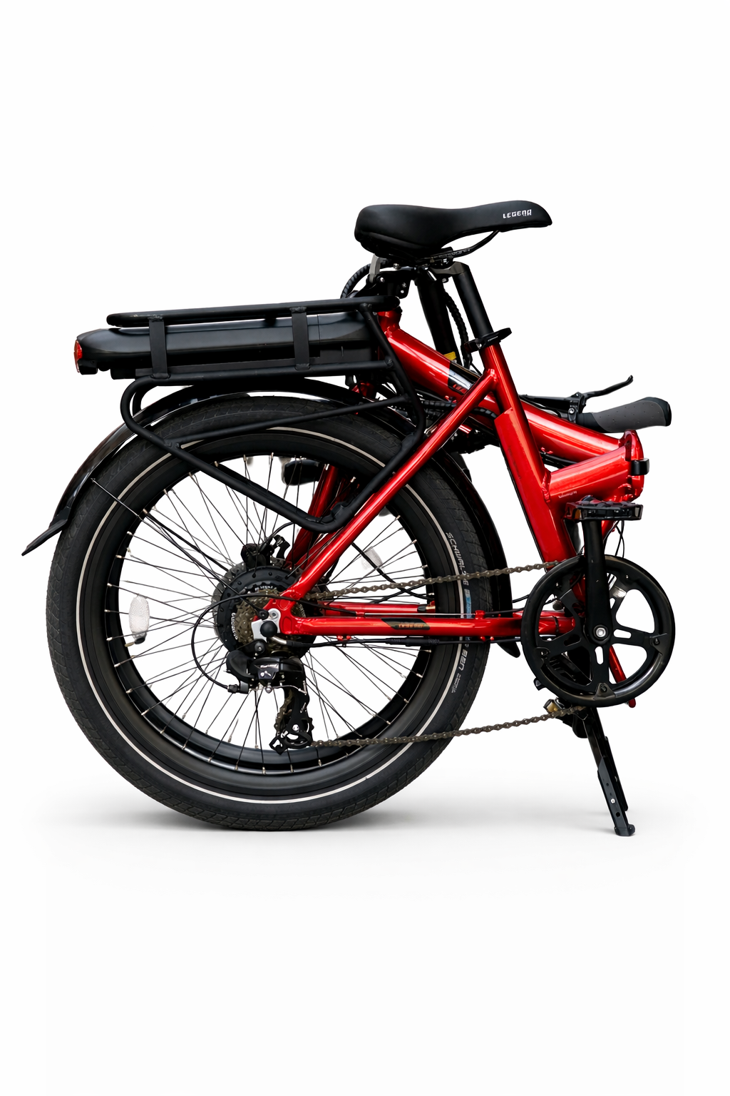 Rower elektryczny Legend Siena 24 w wersji składanej na białym tle – czerwony miejski e-bike z 24-calowymi kołami, bagażnikiem i baterią.