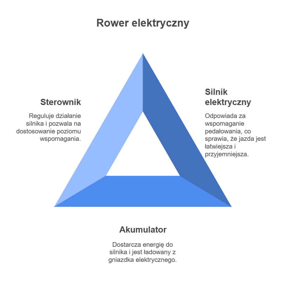 Schemat przedstawiający trzy kluczowe komponenty roweru elektrycznego: sterownik, silnik elektryczny i akumulator, wraz z ich funkcjami, takimi jak regulacja wspomagania, dostarczanie energii i wspomaganie pedałowania.