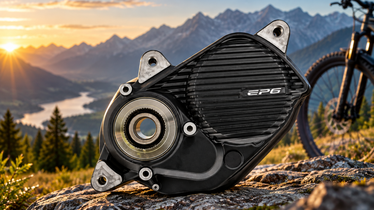 Silnik Shimano EP6 do roweru elektrycznego na tle górskiej trasy