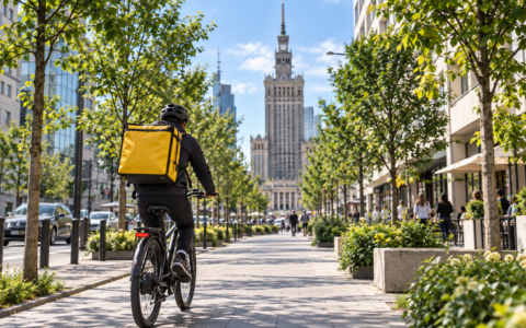 Kurier na rowerze elektrycznym podczas pracy w mieście