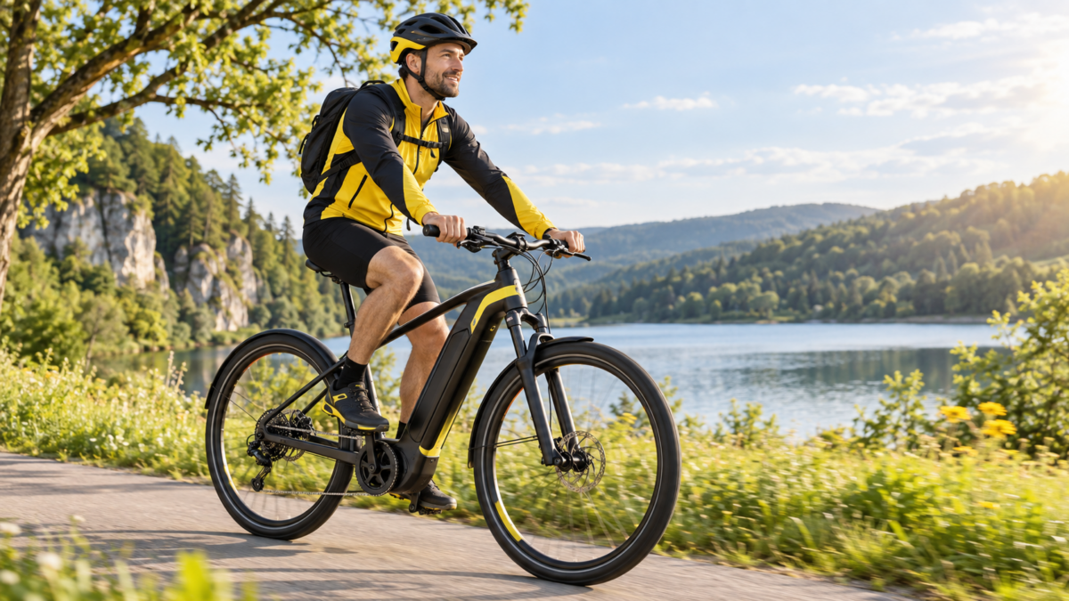 Rowerzysta na rowerze elektrycznym podczas rekreacyjnej jazdy – korzyści zdrowotne z jazdy na e-bike’u