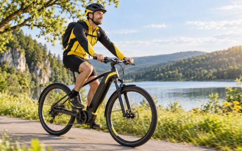Rowerzysta na rowerze elektrycznym podczas rekreacyjnej jazdy – korzyści zdrowotne z jazdy na e-bike’u