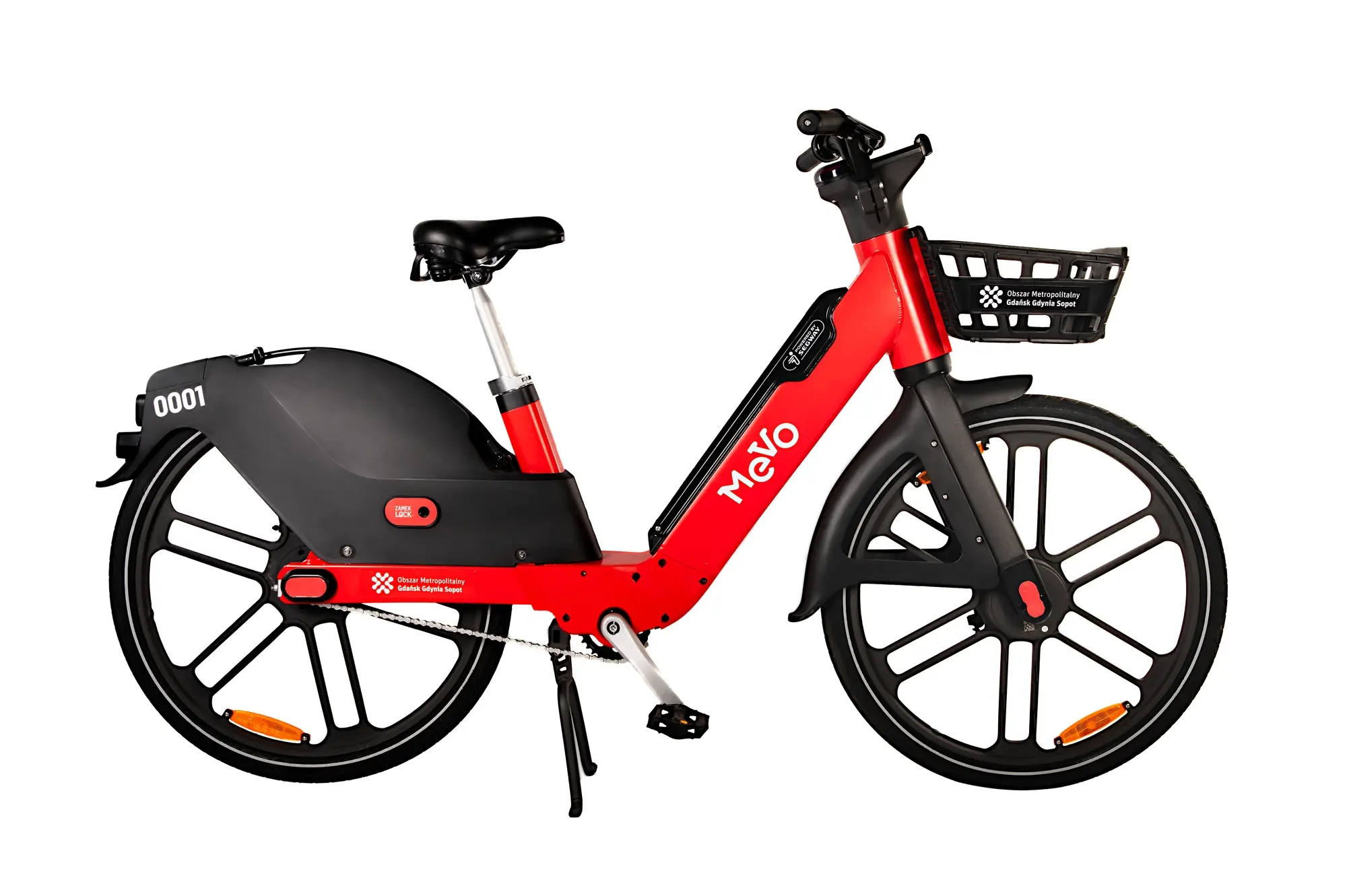 Nowoczesny rower elektryczny Mevo z systemu rowerów miejskich w aglomeracji gdańskiej. Model w czerwono-czarnej kolorystyce, wyposażony w koszyk, regulowane siodełko i wspomaganie elektryczne. Idealny do ekologicznego transportu miejskiego
