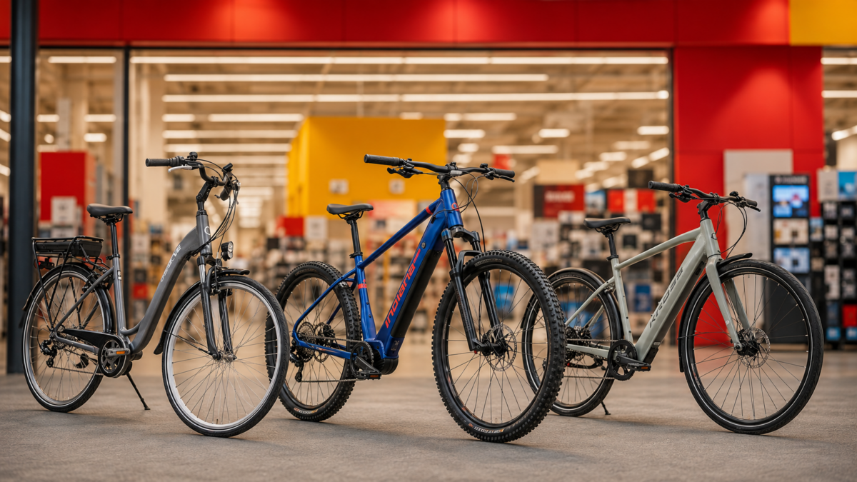 Trzy rowery elektryczne w sklepie Media Expert – Urbanmove, Indiana i Kross na grafice porównującej ofertę e-bike 2026