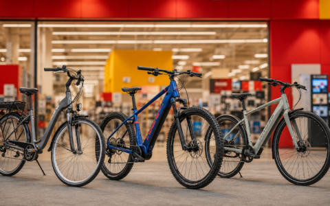 Trzy rowery elektryczne w sklepie Media Expert – Urbanmove, Indiana i Kross na grafice porównującej ofertę e-bike 2026