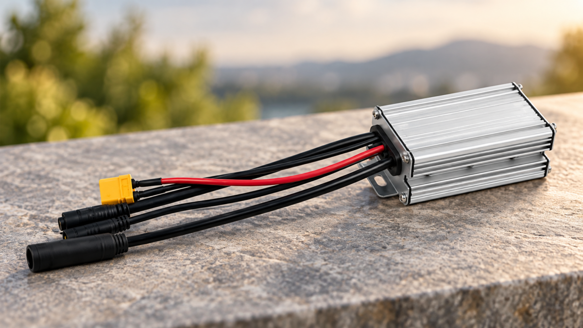 Sterownik roweru elektrycznego z przewodami na tle rozmytego krajobrazu