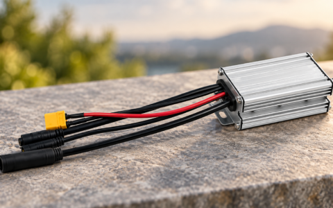 Sterownik roweru elektrycznego z przewodami na tle rozmytego krajobrazu