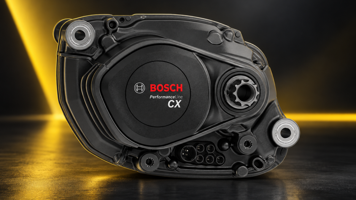 Bosch Performance Line CX – silnik do roweru elektrycznego na ciemnym tle z żółtym podświetleniem