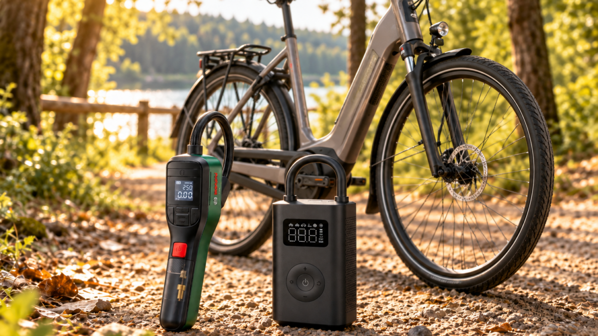 Elektryczne pompki do roweru przy rowerze elektrycznym nad jeziorem w leśnym otoczeniu
