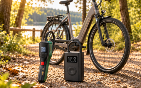 Elektryczne pompki do roweru przy rowerze elektrycznym nad jeziorem w leśnym otoczeniu